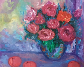 Original Ölgemälde Stillleben, Stillleben mit Pfirsichen und Rosen, Wanddeko Küche, Moderne Kunst, Stillleben mit Blumen, Früchte,