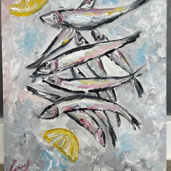 Sardines Painting, Sardine Wall Art, Original Artwork, Fish Painting, 24x30 cm, Fish Art, Kitchen Decor, Wall Decor Maritime