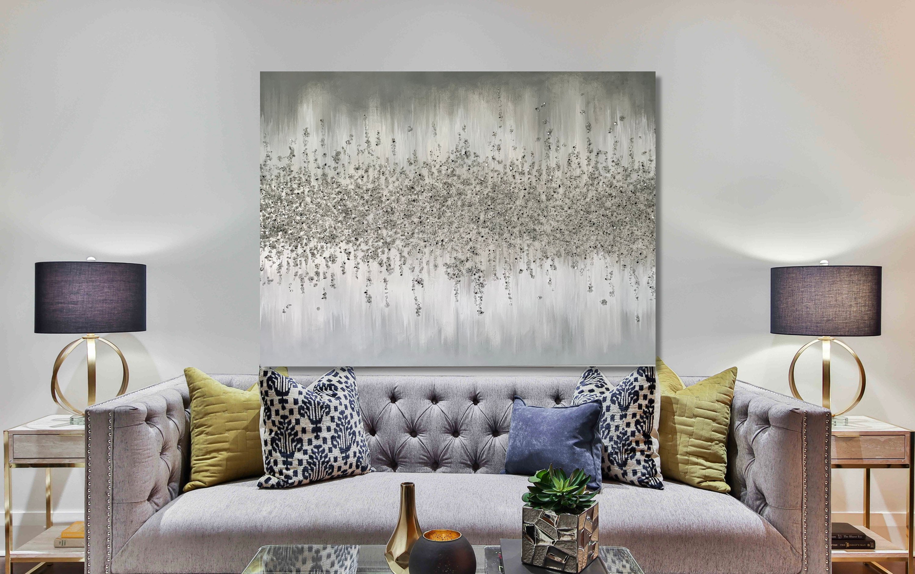 Large Grey Sliver White Abstract Silver Grey Glitter Wall Etsy