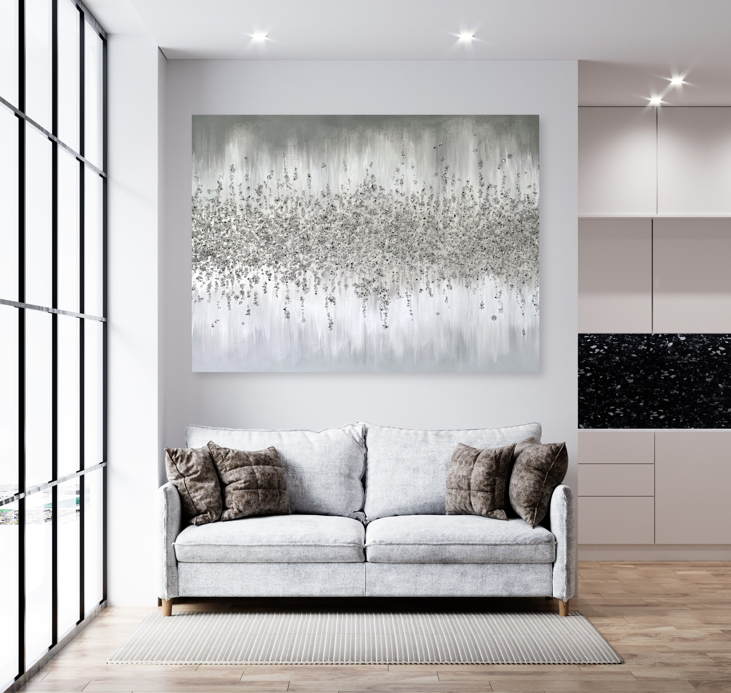 Large Grey Sliver White Abstract Silver Grey Glitter Wall Etsy