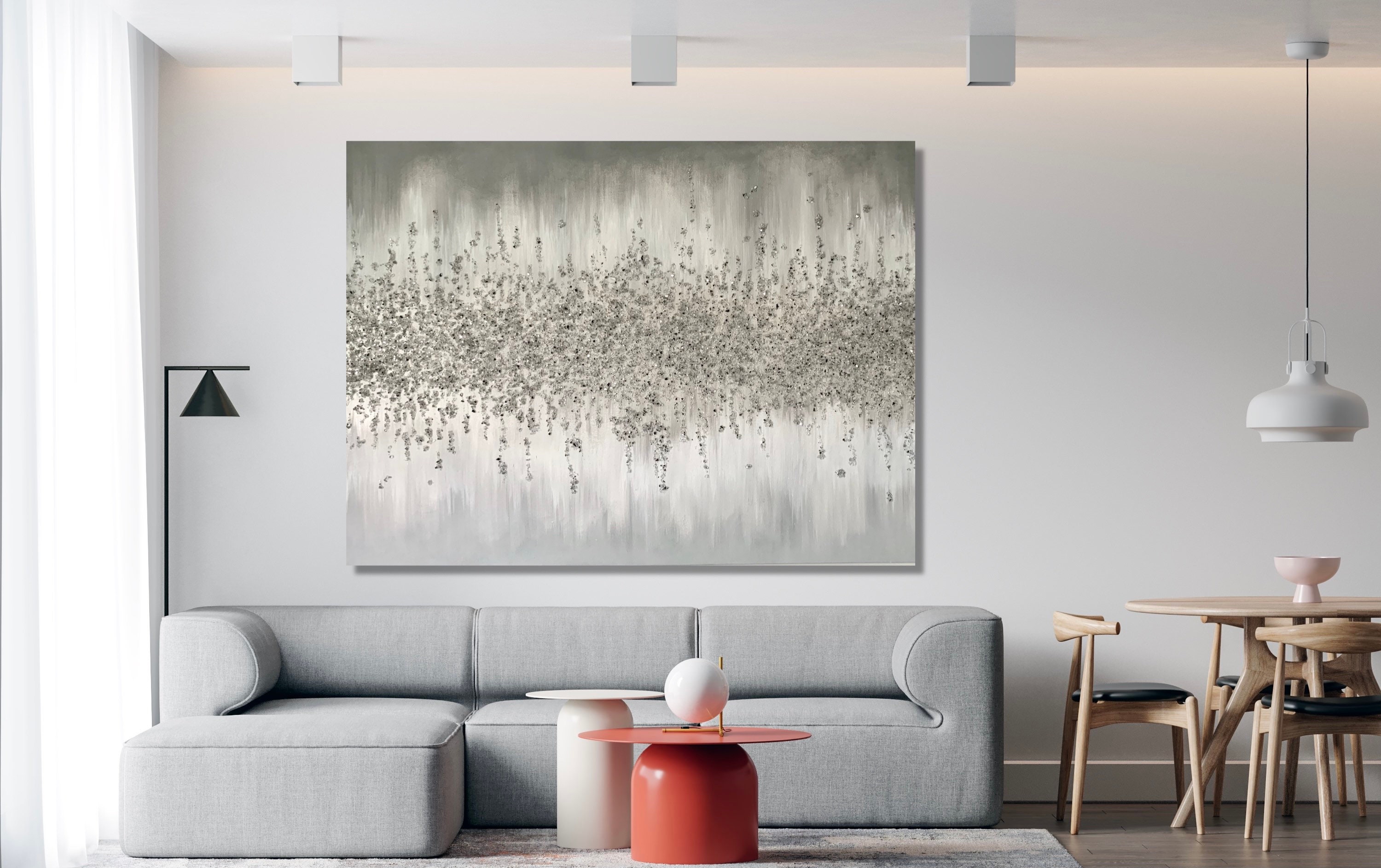 Large Grey Sliver White Abstract Silver Grey Glitter Wall Etsy