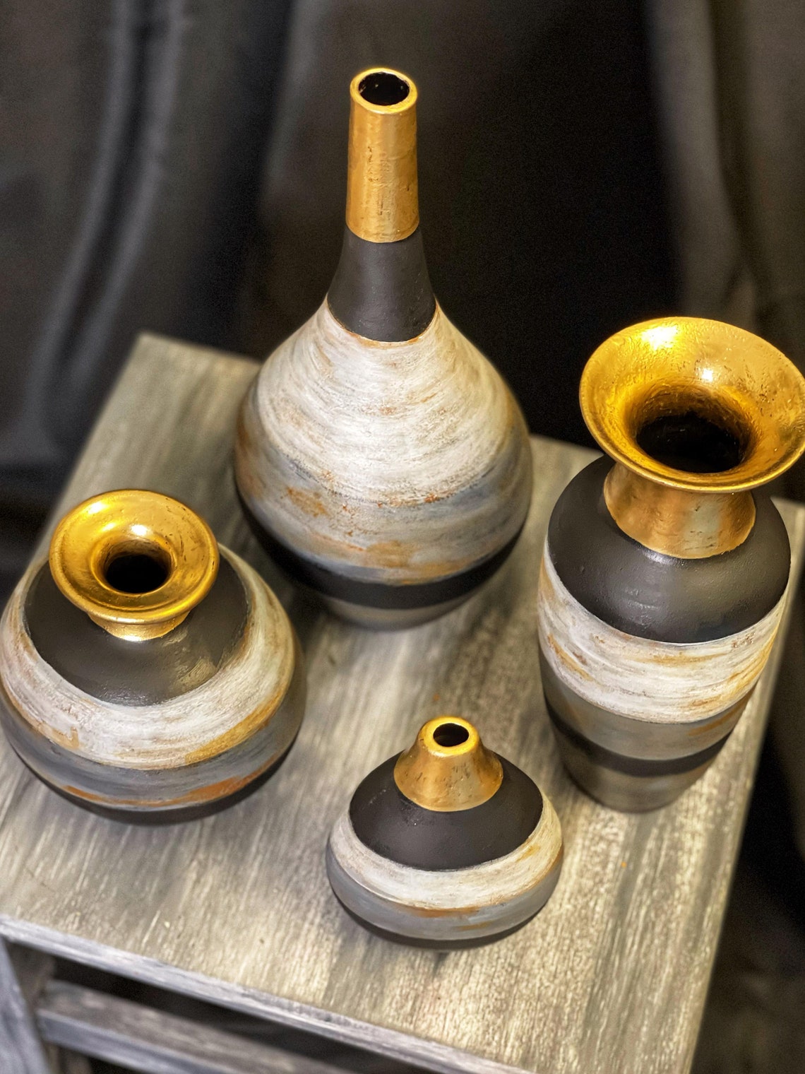 Set of 4 Matte Textured Vases Rustic Hand Painted Vase Black and Gold Vase Birthday Gift Mothers