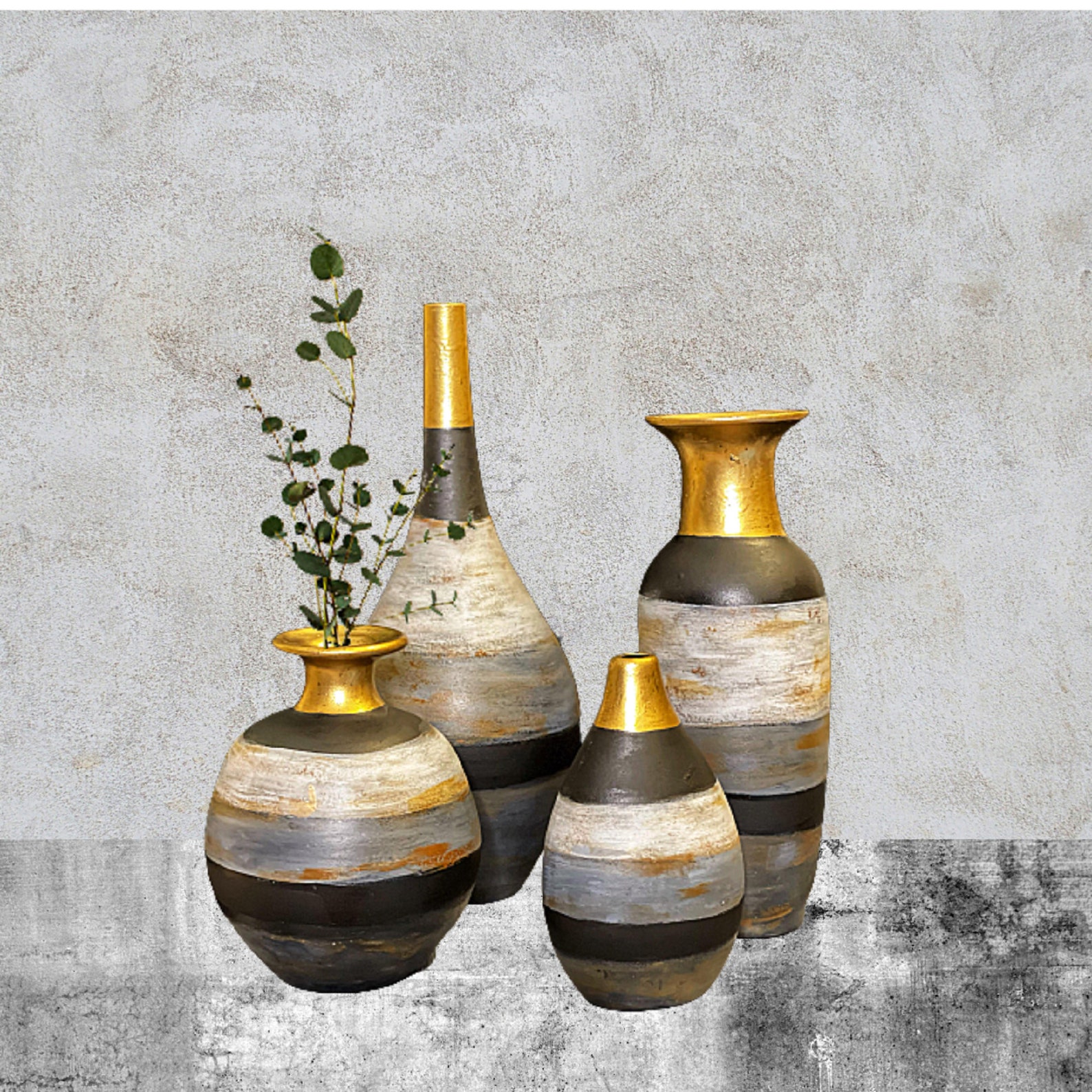 Set of 4 Matte Textured Vases Rustic Hand Painted Vase Black and Gold