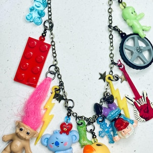 Upcycled Toy Charm Kidcore Necklace: Kitsch Retro Statement Jewellery with Troll & Rubber Duck
