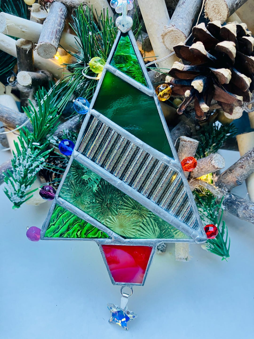 Unique Stained Glass Christmas Tree Suncatcher Window Decoration ...