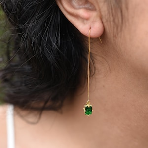 Emerald Green Crystal Threader Earrings, Dainty Gold Threader, Emerald CZ Long Chain Earrings, 14K Gold Filled, Gift For Her, Bridal Party