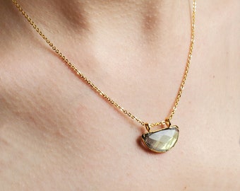 Gold Labradorite Pendant Necklace, Natural Labradorite Bar Pendant, Genuine Half Moon Labradorite Gemstone Charm, Women's Gift
