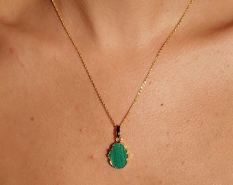 Malachite Pendant Necklace, Gold Malachite Necklace, Green Malachite Charm, Green Hamsa Necklace, Boho Layering Necklace, Green charm