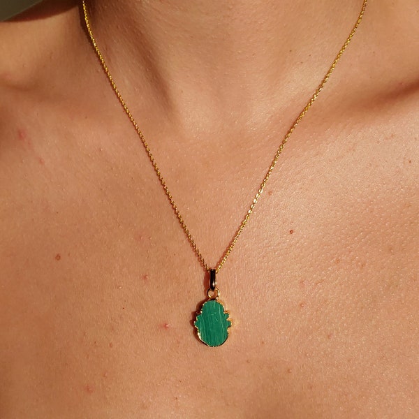 Malachite Pendant Necklace, Gold Malachite Necklace, Green Malachite Charm, Green Hamsa Necklace, Boho Layering Necklace, Green charm