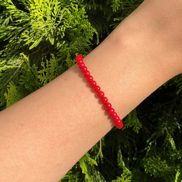 Red Coral Bracelet, Genuine Coral Bracelet, Adjustable Red Bracelet, Dainty Natural Coral Bracelet, Tiny Red Beaded Bracelet