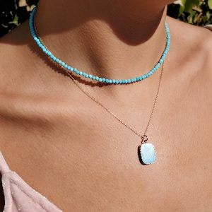 Turquoise Beaded Necklace, Turquoise Tiny Bead Choker, Dainty Light Blue Candy Gemstone, Adjustable Layering Necklace, Handmade Gift for Her