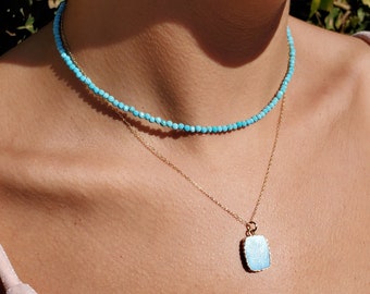 Turquoise Beaded Necklace, Turquoise Tiny Bead Choker, Dainty Light Blue Candy Gemstone, Adjustable Layering Necklace, Handmade Gift for Her