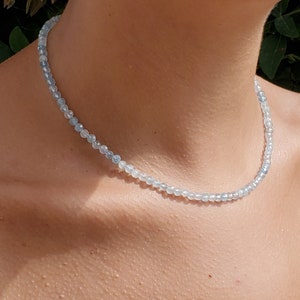 Aquamarine Beaded Necklace, Dainty Light Blue Crystal, Aquamarine Layering Choker, Birthstone Gift for Her Gold Tiny Bead Stackable Gemstone