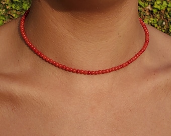 Coral Choker, Red Beaded Choker, Coral Layering Necklace, 4mm Coral Bead Necklace, Red Coral Choker Necklace, Delicate dainty Necklace