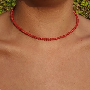 Coral Choker, Red Beaded Choker, Coral Layering Necklace, 4mm Coral Bead Necklace, Red Coral Choker Necklace, Delicate dainty Necklace