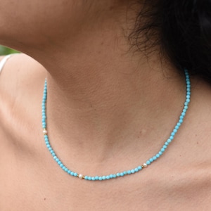 Turquoise Beaded Necklace, Dainty Turquoise Pearl Choker, Gold Light Blue Gemstone Necklace, Birthstone Crystal Gift for Her, Coastal Beach
