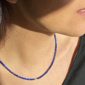 Lapis Lazuli Necklace, Lapis Beaded Necklace, Lapis Lazuli Choker, Dainty Lapis Necklace wit Pearl, Layering Necklace, September Birthstone image 1