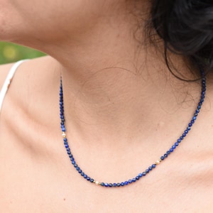 Lapis Lazuli Beaded Necklace, Lapis Beaded Choker, Dainty Lapis Choker with Three Pearl, Lapis Layering Necklace, Gold Filled Clasp