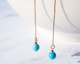 Turquoise Earrings, Gold Blue Turquoise Threader Earrings, Long Drop Chain Earrings, Natural Turquoise Jewelry Gift