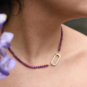 Ruby Beaded Necklace: Gold Charm Holder Carabiner Clasp, Red Gemstone July Birthstone Gift for Her