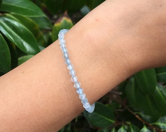 Aquamarine Bead Bracelet, Dainty Blue Aquamarine Bracelet, Gemstone Crystal Sliding Adjustable Bracelet, Birthstone Gift for Her