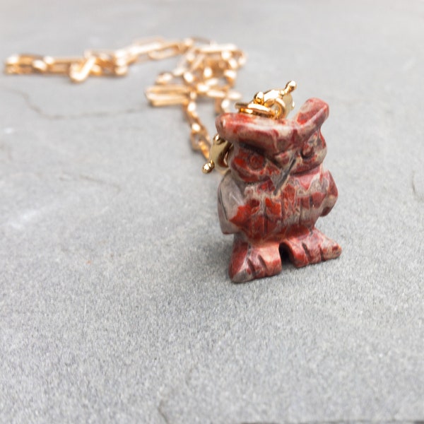 Owl Charm Necklace, Gold Carabiner Necklace, Jasper Owl Pendant, Paperclip Chain Necklace, Red Owl Necklace, Red Jasper Charm, Gold Plated