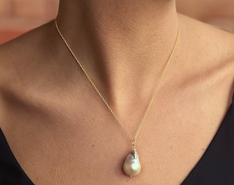 Baroque Pearl Necklace, Large Natural Baroque Pearl Pendant, Gold Pearl Necklace, Real Freshwater Pearl Drop, June Birthstone, Raw Pearl