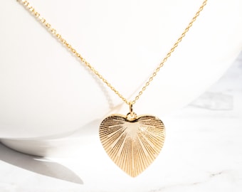 Gold Heart Pendant Necklace, Vintage Heart Charm Necklace, Large Vintage Sunburst Redial Heart Pendant, Gift For Her