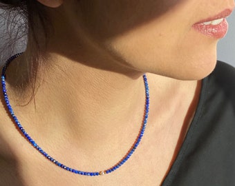 Lapis Lazuli Necklace, Lapis Beaded Necklace, Lapis Lazuli Choker, Dainty Lapis Necklace wit Pearl, Layering Necklace, September Birthstone