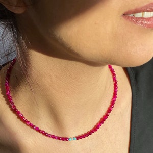 Hot Pink Agate Necklace, Dark Pink Crystal Choker, Magenta Beaded Necklace, Ruby Agate Layering Necklace, Gold Filled Ruby Beaded Choker