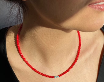 Coral Beaded Necklace, Red Coral Choker, Beaded Dainty Choker, Natural Coral Necklace with Pearl, Gold Filled, Italian Coral Jewelry