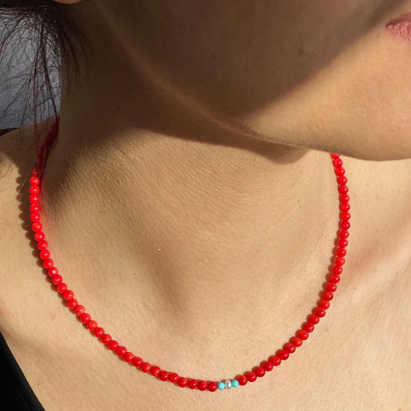 Coral Beaded Necklace, Red Coral Choker, Beaded Dainty Choker, Natural Coral Necklace with Pearl, Gold Filled, Italian Coral Jewelry