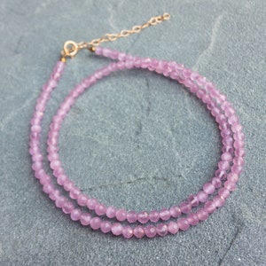 Pink Crystal Necklace, Pink Beaded Choker, Dainty Pink Cat&#39;s Eye Gemstone, Gold 3 mm Tiny Bead Choker, Handmade Gift for Her, Boho Chic