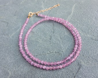Dainty Pink Cat's Eye Necklace, Pink Crystal Gemstone Beaded Choker, Adjustable Gold-filled, Tiny Bead Choker, Handmade Gift for Her