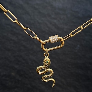 Gold Snake Carabiner Necklace, Snake Charm Motif, Oval Link Chunky Chain Choker, Layering Stackable Custom Charm Holder, Boho Gift for Her