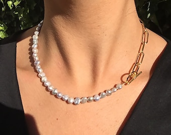 Half Pearl Half Gold Chain Necklace, Pearl Choker Necklace, T Bar Freshwater Pearl and Chain Necklace, Toggle Necklace, Half Pearl Necklace