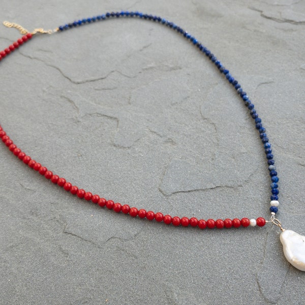 Lapis Lazuli Necklace, Coral and Pearl Necklace, Half & Half Necklace, Lapis Lazuli and Pearl, Natural Raw Gemstone Necklace, Gift for Her