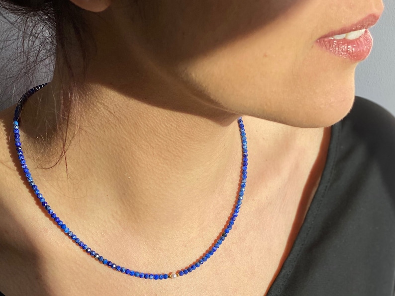 Lapis Lazuli Necklace, Lapis Beaded Necklace, Lapis Lazuli Choker, Dainty Lapis Necklace wit Pearl, Layering Necklace, September Birthstone image 1