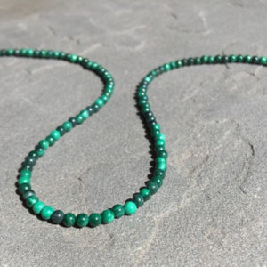 Malachite Necklace, Dainty Green Malachite Choker, Gold Genuine Malachite 3mm Bead, Green Gemstone Layering, Adjustable Stackable Choker