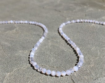 Blue Lace Agate Beaded Necklace: Genuine Blue Agate Crystal Choker, 3mm Faceted Gemstone Necklace, Adjustable Gold-Filled Clasp