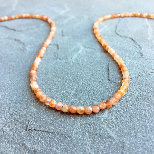 Sunstone Beaded Necklace, Sunstone Beaded Choker, Dainty Sunstone Necklace, Orange Crystal Necklace, Sunstone Crystal Necklace