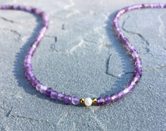 Amethyst Choker Necklace, Dainty Beaded Amethyst Necklace, Purple Crystal Necklace, Amethyst Pearl Layering Necklace, February Birthstone