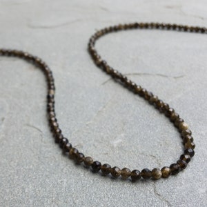 Obsidian Beaded Necklace, Golden Black Obsidian Choker, Raw 3mm Faceted Gemstone Crystal, Dainty Gold December Birthstone Basic Gift for Her