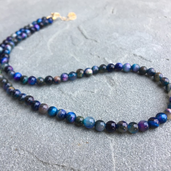 Blue Tiger Eye Choker, Rainbow Tiger's Eye Necklace, Galaxy Beaded Necklace, Purple Tiger's Eye, Tiger's Eye Choker, June Birthstone