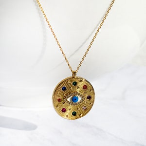Medallion Gold Evil Eye Necklace, Coin Evil Eye Layering Necklace, Dainty Charm Jewelry, Third Eye Pendant, Charm Laden Handmade Gift
