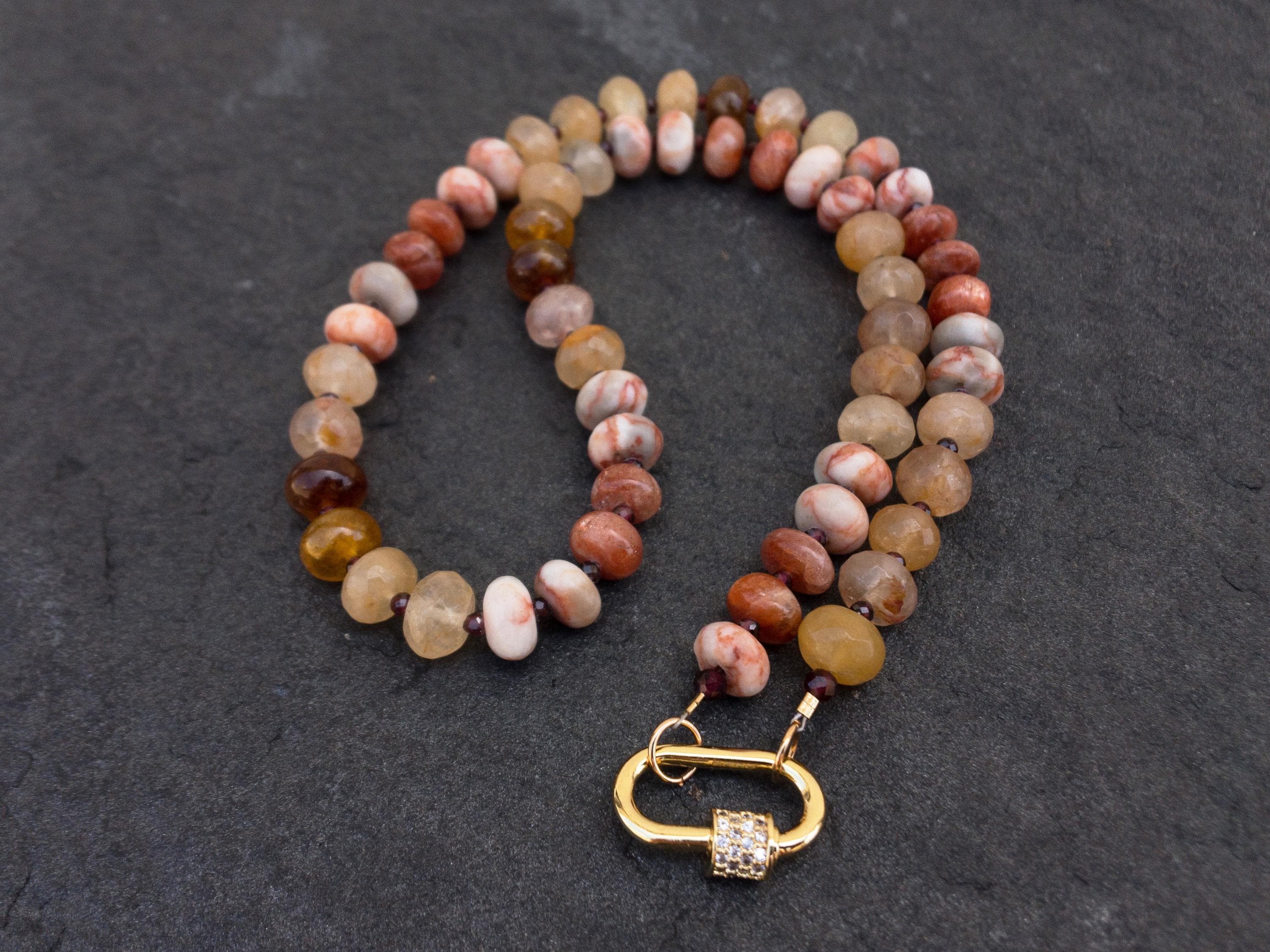 Multi Color Gemstone Necklace, Natural Red Quartz & Agate Rondelles, Gold Carabiner Charm Holder Clasp, Ambre Colorful Boho Jewelry, Gift