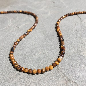Tiger Eye Bead Necklace, Dainty Tiger Eye Choker, Natural Tiny Golden Brown Gemstone, Small Bead Minimal Layering Necklace, Gift for Her