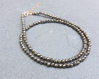 Pyrite Beaded Necklace, Dainty Pyrite Choker, Tiny Metallic Raw Crystal, Small Faceted Genuine Birthstone, Gift for Her