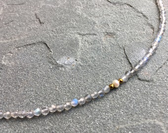Labradorite Beaded Necklace, Genuine Labradorite Choker, Dainty Crystal Necklace, 3mm Faceted Flashy Labradorite, Layering Necklace, Natural