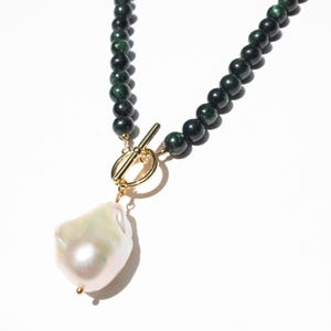 Emerald Baroque Pearl Necklace, Natural Green Gemstone Necklace, Gold-filled Toggle Clasp, Genuine Emerald & Large Freshwater Pearl